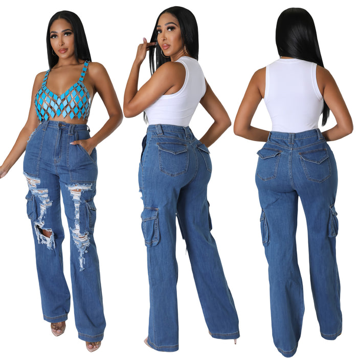 Women Clothing Summer Bellows Pocket Loose High Waist Wide Leg Ripped Jeans Casual Pants-Blue-Fancey Boutique