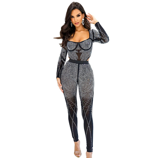Color-Black-Women Solid Color Mesh Rhinestone Long Sleeved Trousers Jumpsuit-Fancey Boutique