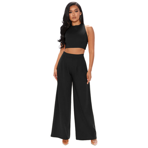 Color-Black-Cropped Tank Top Straight Flare Pants Casual Sports Two Piece Set-Fancey Boutique