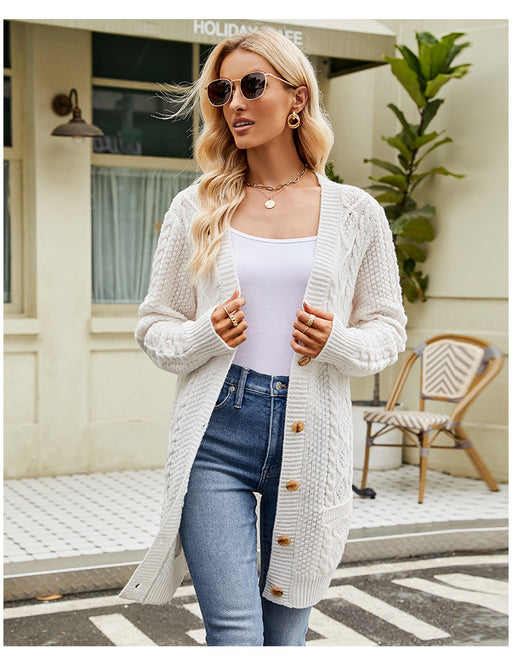 Color-Creamy-white Sweater Coat-Idle Long Sweater Coat Twisted Floral Autumn Winter Solid Color V neck Knitted Cardigan Women Knitwear-Fancey Boutique