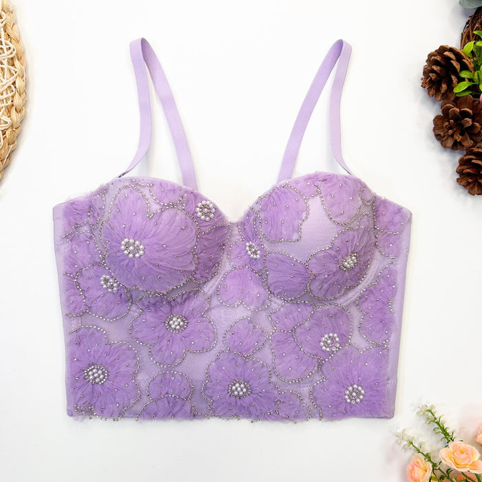 Boning Corset Bra Women Outer Wear Skinny Lace Embroidered Beads Short Camisole Inner Wear Detachable Shoulder Strap Tube Top Padded-Lavender-Fancey Boutique