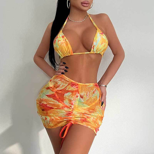 Color-Bright Yellow-Swimsuit Three Piece Set Printed Sexy Lace Up Bikini Hip Skirt Bikini Swimsuit-Fancey Boutique