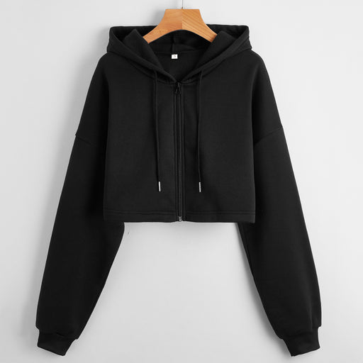 Color-Black-Spring Solid Color Black Hooded Dongdaemun Street Hipster Cotton Short Short Sweater Pullover Coat-Fancey Boutique