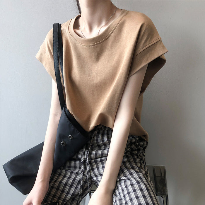 Sleeveless Design T shirt for Women Spring Summer Solid Color Round Neck Loose Slimming Vest Top-Khaki-Fancey Boutique