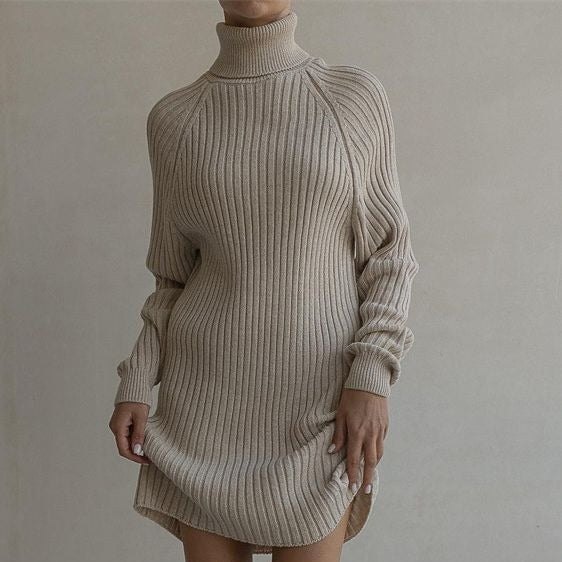 Long Sleeve High Collar Sweater Dress Women Casual Loose Thick Sunken Stripe Solid Color Sheath Autumn Winter Knitting Dress-Fancey Boutique