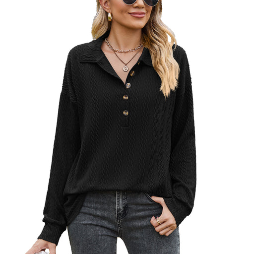 Color-Black-Autumn Winter Solid Color Polo Collar Button Loose Long Sleeve Sweatershirt Coat Women-Fancey Boutique