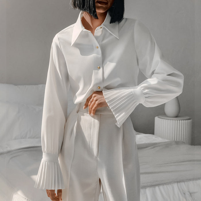 Autumn Design Bell Sleeve White Slim Fit Office Collared Shirt All Matching Simple Shirt Women Clothing-Fancey Boutique