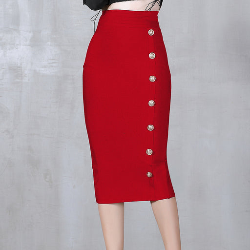 Color-Red-Autumn Winter Tight Waist Slimming Skirt Seam Buckle Midi Slim Fit Bandage Wild Hip Skirt-Fancey Boutique