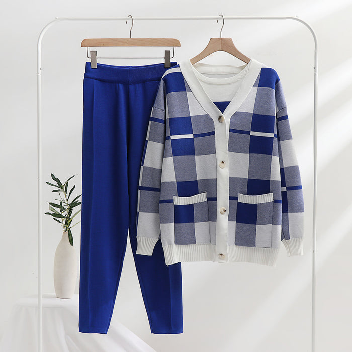 Color-Blue-sets Women Knitted Sweater Three Piece sets Autumn Winter Office-Fancey Boutique