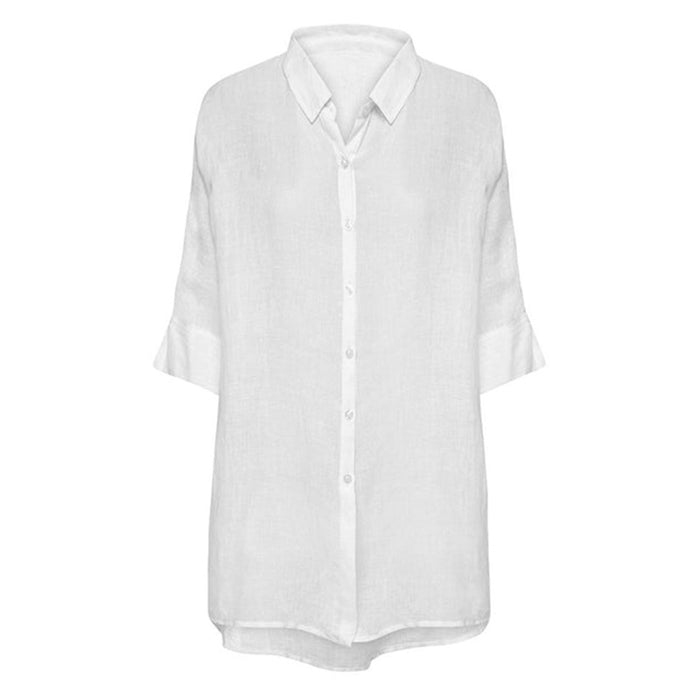 Pure Linen Shirt Women Summer Loose Half Sleeve Shirt Casual Office Wind Front Short Back Long Design Jacket-White-Fancey Boutique