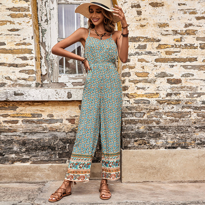 Color-Green-Cross-Border Summer Casual Trousers Spaghetti-Strap Floral Print Sleeveless Jumpsuit-Fancey Boutique