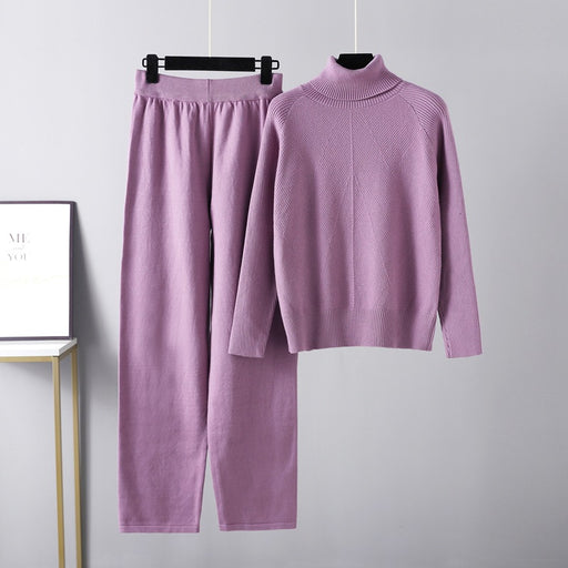 Color-Purple-Solid Color Turtleneck Knitted Sweater Suit Autumn Winter Sweaters Drawstring Casual Pants Two Piece Set-Fancey Boutique