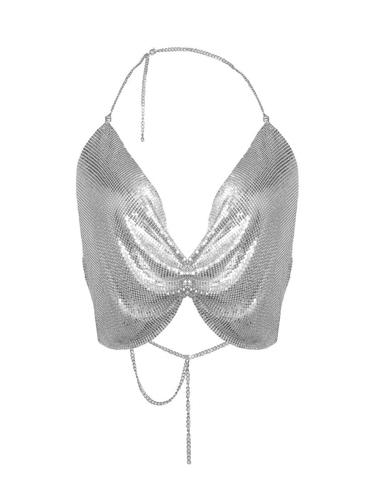Color-Silver-Camisole Sexy Nightclub Halter Backless Tube Top Metal-Fancey Boutique