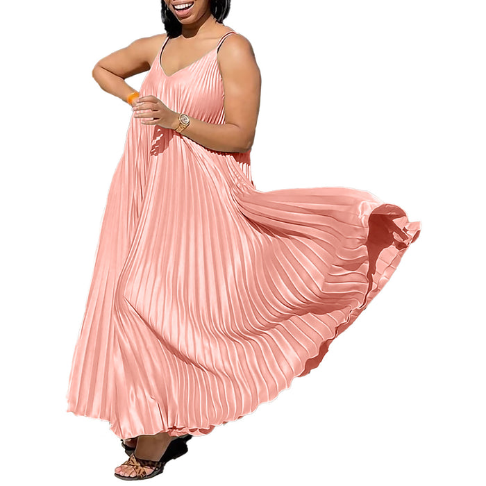 Color-Pink-Summer Women Clothing Loose V-neck Strap Pleated Large Dress Vacation Dress-Fancey Boutique
