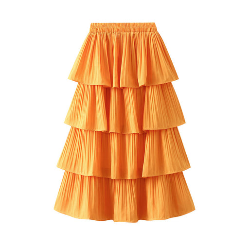 Color-Orange-Wooden Ear Stitching Pleated Big Hem Skirt Women's Summer Mid Length Tiered Dress-Fancey Boutique