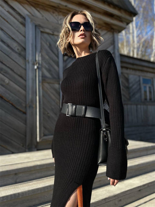 Split Color Matching Tight Fall Winter Sweater Dress Long Sleeve Knitted Midi Dress-Black-Fancey Boutique