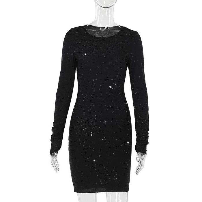 Shiny Basic Long Sleeve Dress Women Autumn Fashionable, Elegant Sexy Slim Fit Hip Wrapped Short Dress-Black-Fancey Boutique