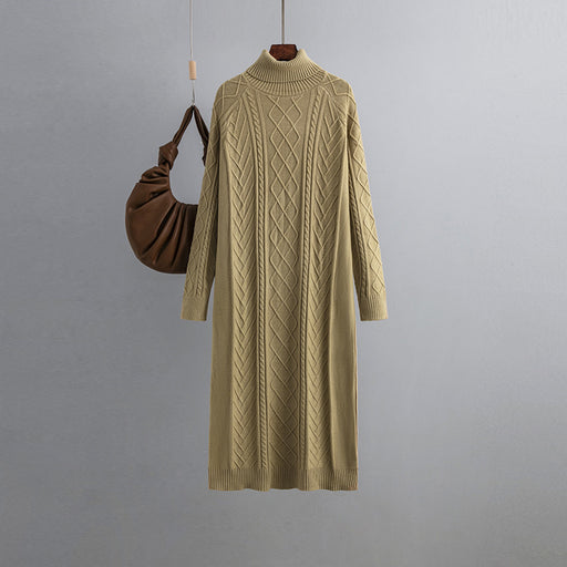 Color-camel-Heaps Collar Twist Woolen Women Autumn Winter Thick Loose Mid Length Over The Knee Knitted Dress-Fancey Boutique