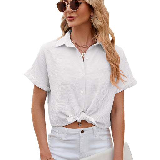 Color-White-Spring Summer Solid Color Polo Collar Short Sleeved Shirt Button Loose Chiffon Shirt-Fancey Boutique