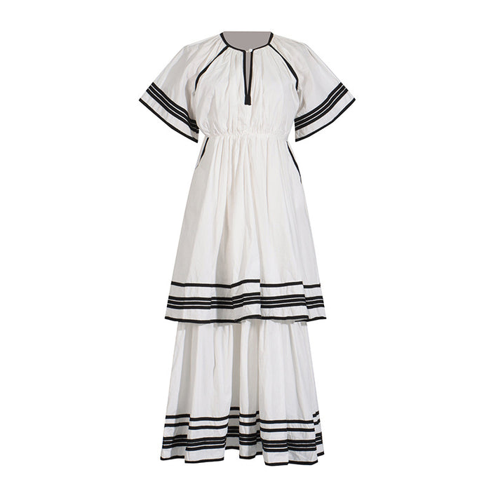 French Summer Tail Round Neck Flared Sleeves Lace Up Tight Waist Solid Color Striped Patchwork Maxi Dress Dress Women-White-Fancey Boutique