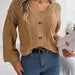 Color-Khaki-Autumn Winter Solid Color V neck Buttons Twist Lantern Sleeve Pullover Sweater Women Clothing-Fancey Boutique