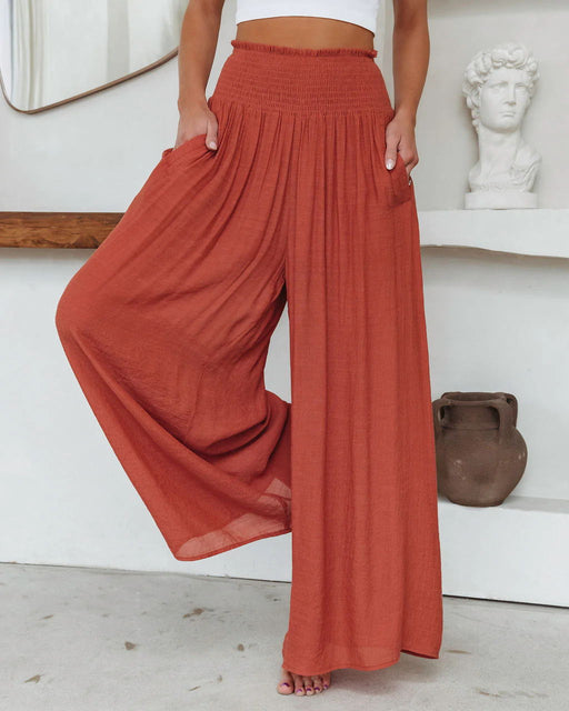 Color-Brick Red-Spring Summer Cotton Wide Leg Pants Loose Elastic Pocket Casual Pants Trousers-Fancey Boutique