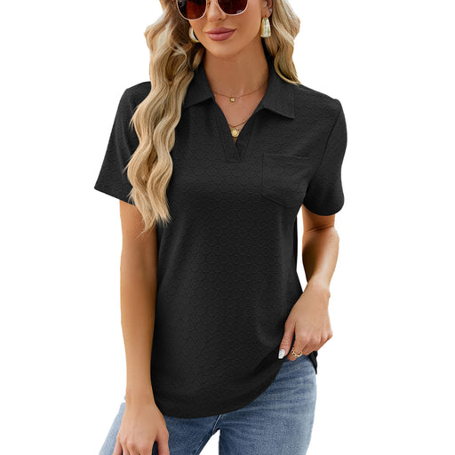 Color-Black-Spring Summer Solid Color Polo Collar Pocket Short Sleeve T shirt Loose Top for Women-Fancey Boutique