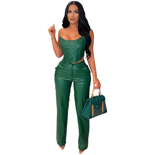 Color-Green-Women Clothing Tube Top Faux Leather Suit Sexy Faux Leather Two Piece Set-Fancey Boutique