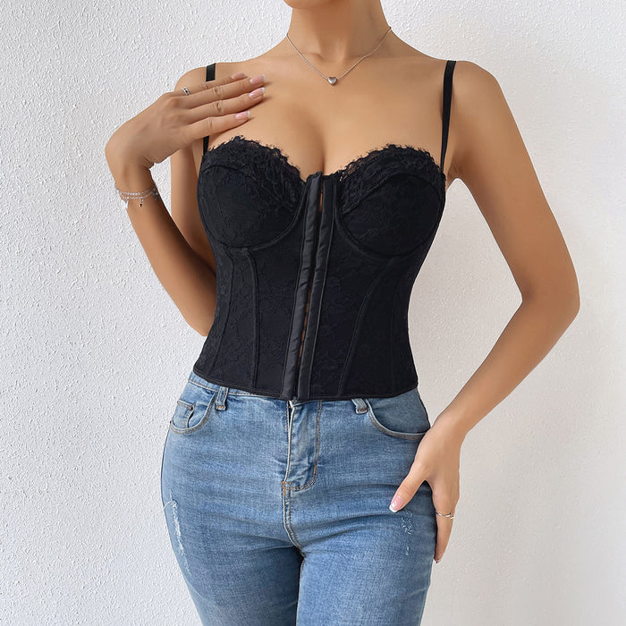 Color-Black-Women Clothing Sexy Solid Color Lace Sling Boning Corset Steel Ring Wrapped Chest Breasted Backless Vest-Fancey Boutique