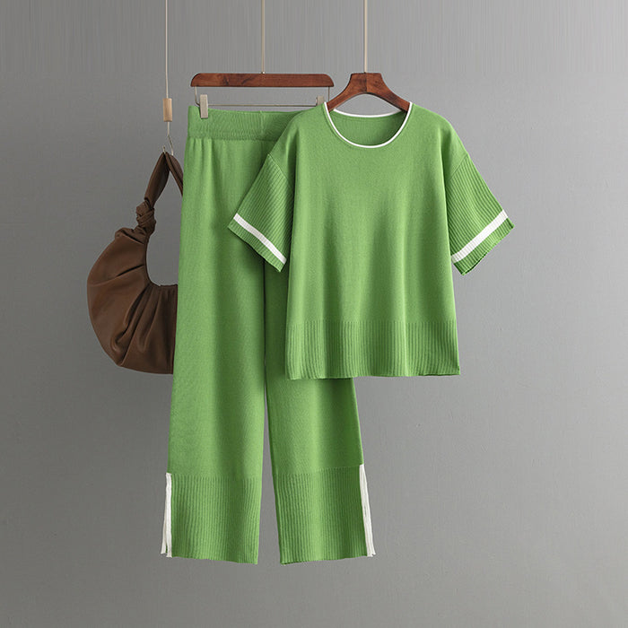 Color-Green-Women Clothing Casual Suit Contrast Color Short Sleeve Wide Leg Pants Pants Slit Two Piece Set-Fancey Boutique