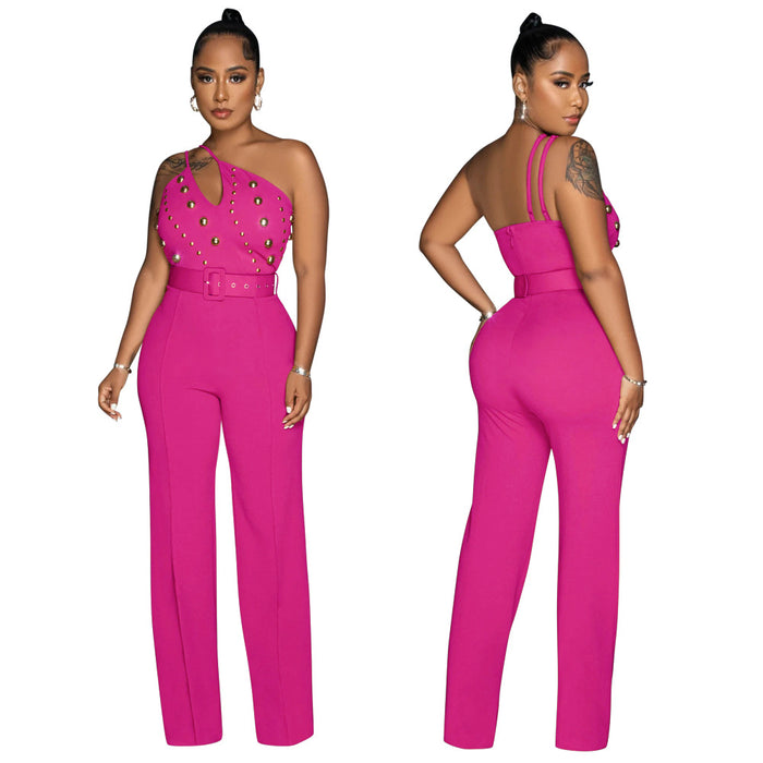 Color-Coral Red-Solid Color Jumpsuit Slim Fit One Shoulder Wide Leg Pants Women-Fancey Boutique