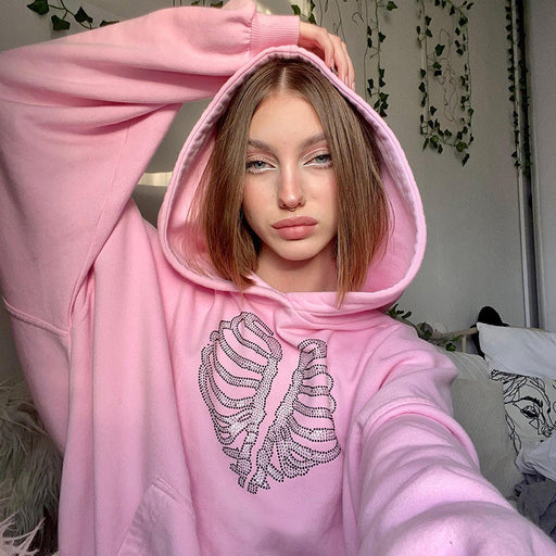 Color-Pink-Trendy Skeleton Rhinestone Loose Hooded Sweater Top Women Autumn Winter-Fancey Boutique