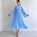 Color-skyblue-Elegant Half Turtleneck Long Sleeve Zipper Pleated Puffy Medium Long Trousers Fairy Dress Women-Fancey Boutique