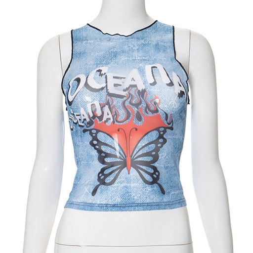 Color-Blue-High Street Printed Design Round Neck Sleeveless Short Mesh Top Summer-Fancey Boutique