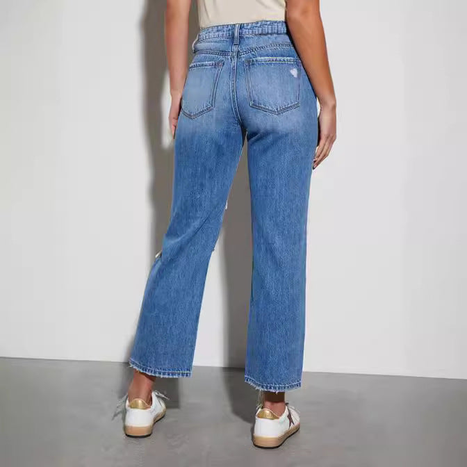 Summer Slimming Cotton High Waist Straight Cropped Jeans-Fancey Boutique