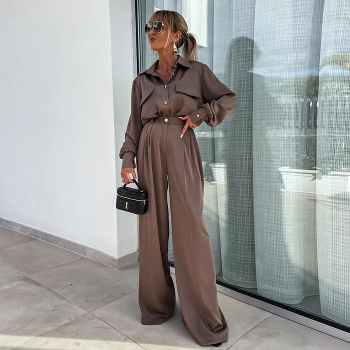 Suit Women Spring Autumn Long Sleeved Faux Pocket Shirt Elegant Loose Trousers Women Two Piece Suit-Coffee-Fancey Boutique