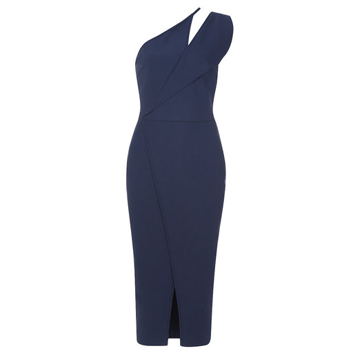 Color-Navy Blue-Bandage Dress Dress Stitching Slant Shoulder Tight Dress Bandage Dress-Fancey Boutique