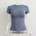 Color-Blue-Spring Summer Basic round Neck Short Sleeve T shirt Women Tight Sexy Simple Solid Color Top Women-Fancey Boutique