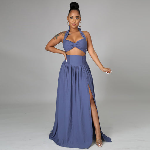 Color-Blue-Sexy Halter Short Top with Pleated Half Length Split Dress Women Solid Color Dress-Fancey Boutique