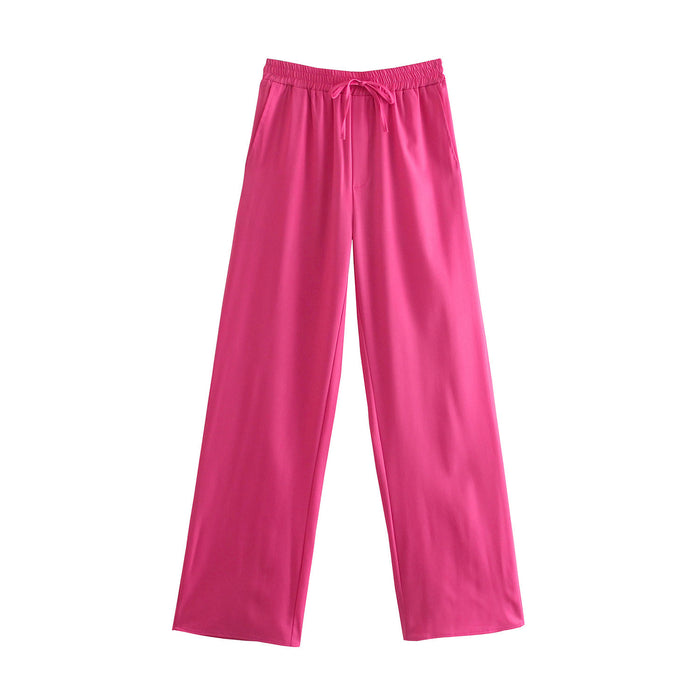 Color-Red-Elastic High Waist Casual Pants Waist Belt Elastic Idle Wide Leg Pants-Fancey Boutique