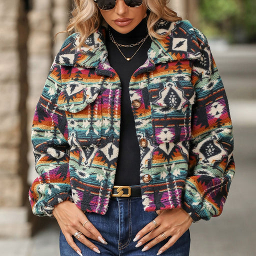 Color-Ethnic Print-Autumn Winter Women Clothing National Printed Loose Long Sleeves Short Coat Women-Fancey Boutique