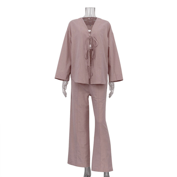 Women Clothing Cotton Cardigan Lace up Long Sleeve Trousers Home Wear Loose Casual Two Piece Set-Pink-Fancey Boutique