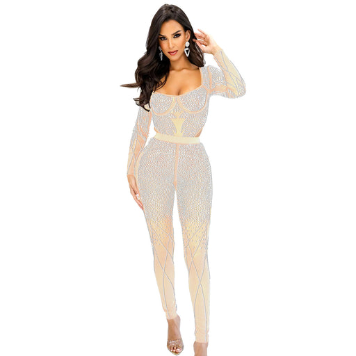 Color-Apricot-Women Solid Color Mesh Rhinestone Long Sleeved Trousers Jumpsuit-Fancey Boutique