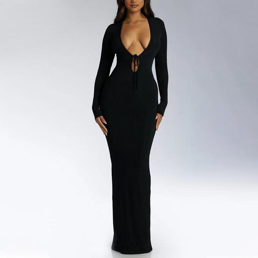Color-Black-Sexy Deep V Plunge One Step Dress Solid Color Slim Fit Sexy Long Sheath Dress Women-Fancey Boutique