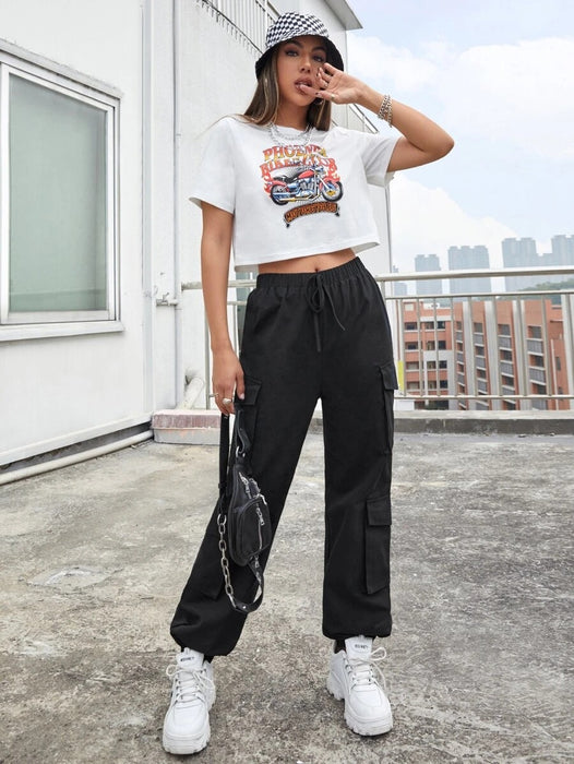 Color-Black-High Street Hip Hop Women Pants Trendy Trousers Multi Pocket Street Overalls Loose Straight Leg Ankle Banded Pants-Fancey Boutique