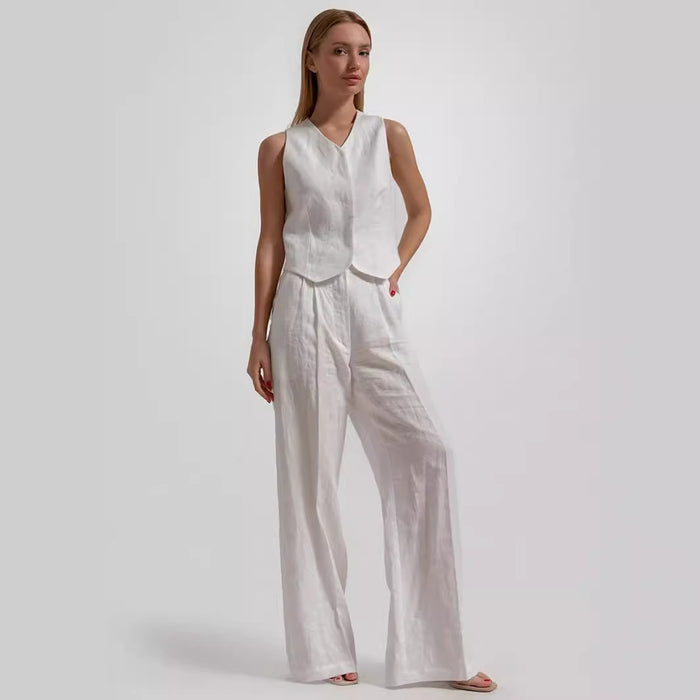 Vest Trousers Suit Summer Casual Pure White V Collar Sleeveless Waistcoat Vest Trousers Suit-Fancey Boutique