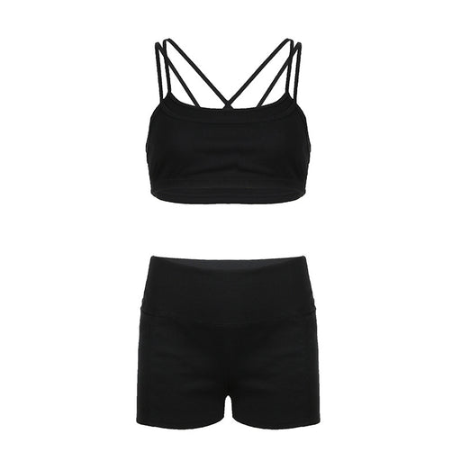 Color-Black-Spring Summer Basic Sports Suit Solid Color Double Shoulder Strap Vest Pocket Shorts Casual Yoga Two Piece Set-Fancey Boutique