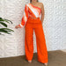 Women Shoulder Long Sleeve Top Solid Color Loose Two Piece Pants-Orange-Fancey Boutique