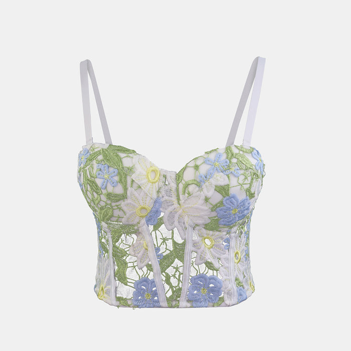 Wearing Floral Mesh Breathable Summer Outerwear Boning Corset Bra Inner Water Soluble Lace Underwear Fresh Backpack Vest Sling-White Green-Fancey Boutique