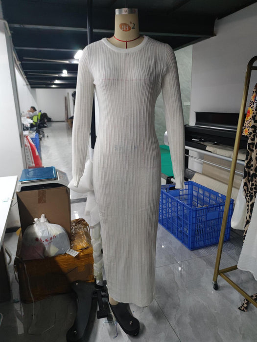 See Through Knitted Long Sleeved Dress Casual Waist Tight Slim Fit Round Neck Big Pit Stripe Slimming Knitted Maxi Dress Women-White-Fancey Boutique